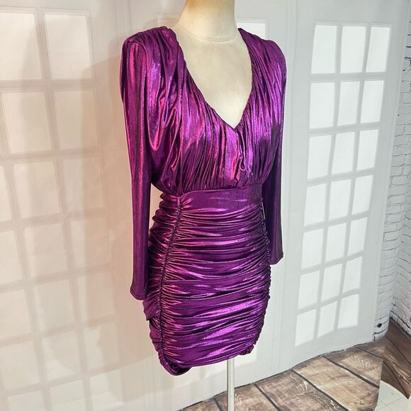 Express NWT Purple Metallic Ruched Long Sleeve Mini Bodycon Dress Size Small - Picture 5 of 12